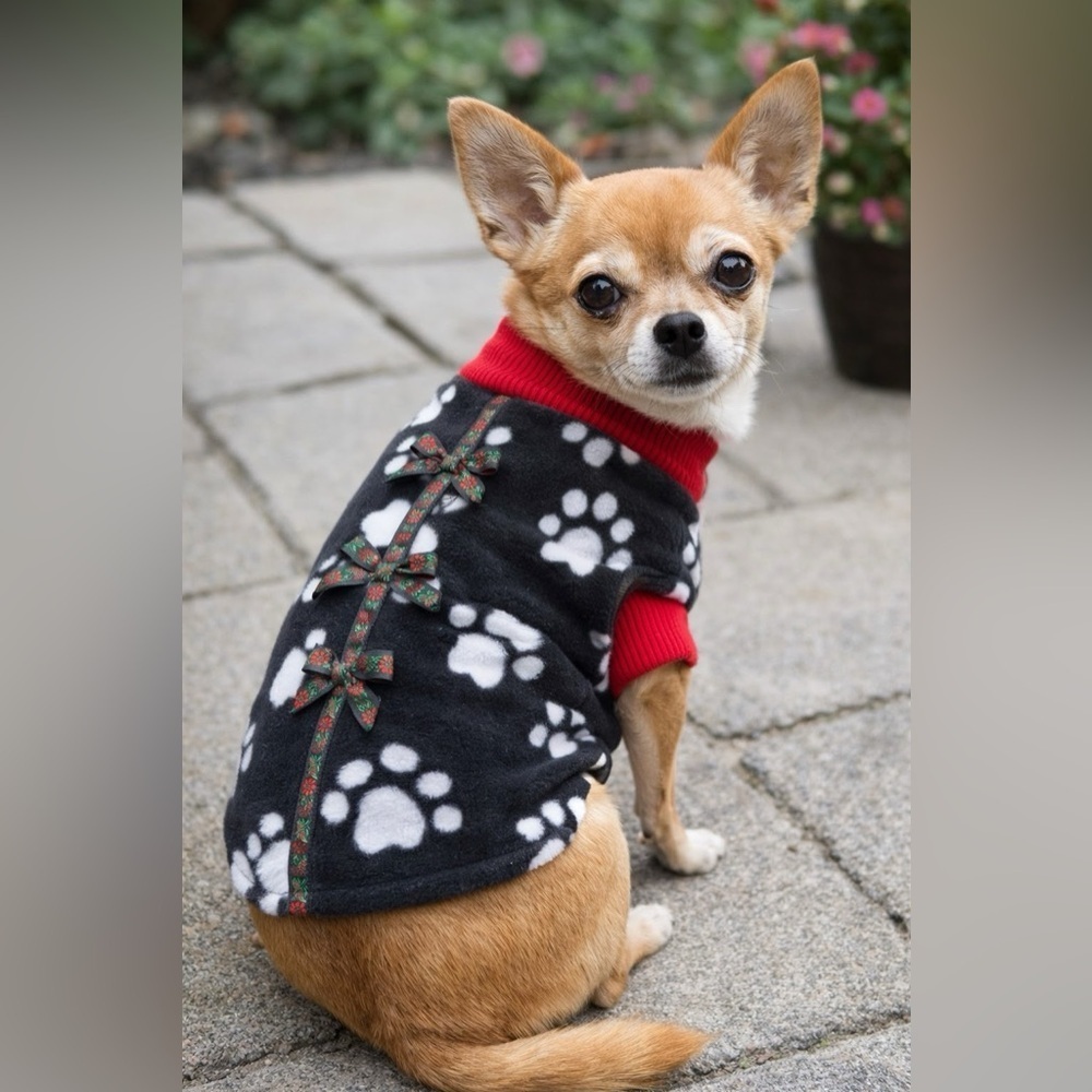 Handmade Small Dog Fleece Sweater | Paw Print Jacket | 12” Length | Cozy Winter
